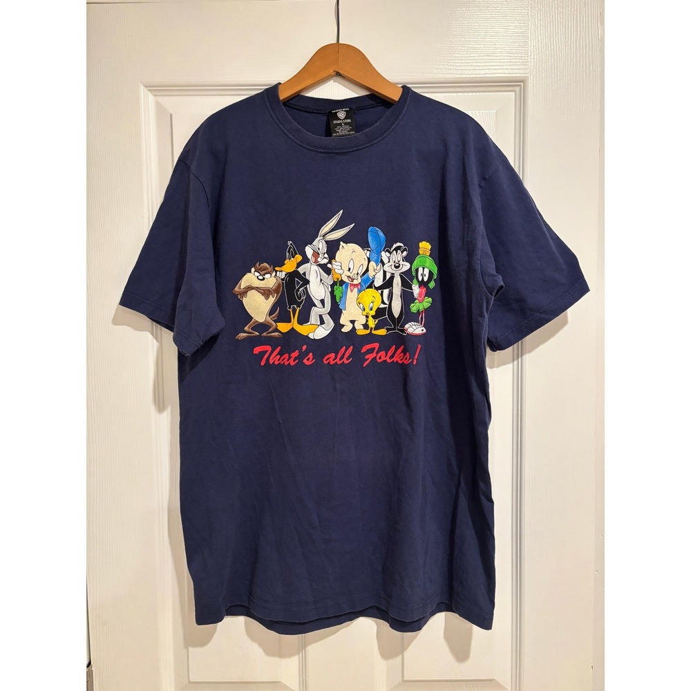 Vintage 90s Warner Bros Studio Store Looney Tunes Front Back T Shirt Size L Navy